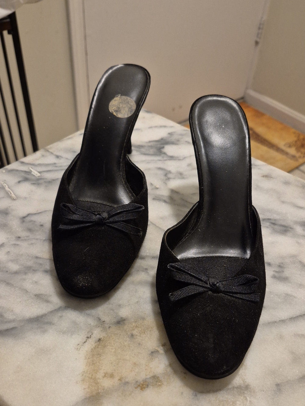 Black Suede Open-Back Heels with Bow Detail